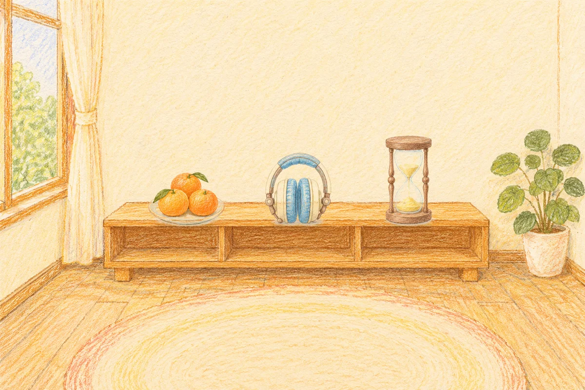 자양동 여성전용 슬리밍 마사지 안내 그림, 낮의 창가 낮은 선반 위에 놓인 귤이 담긴 접시, 헤드폰, 모래시계