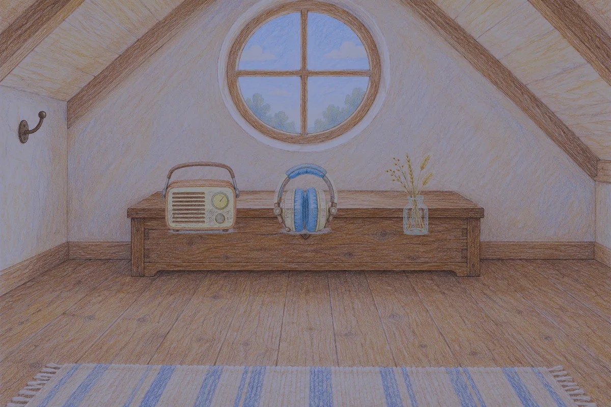 자양동 여성전용 다이어트 마사지 안내 그림, 밤의 다락방 나무 궤짝 위에 놓인 작은 라디오, 헤드폰, 마른 풀을 꽂은 항아리