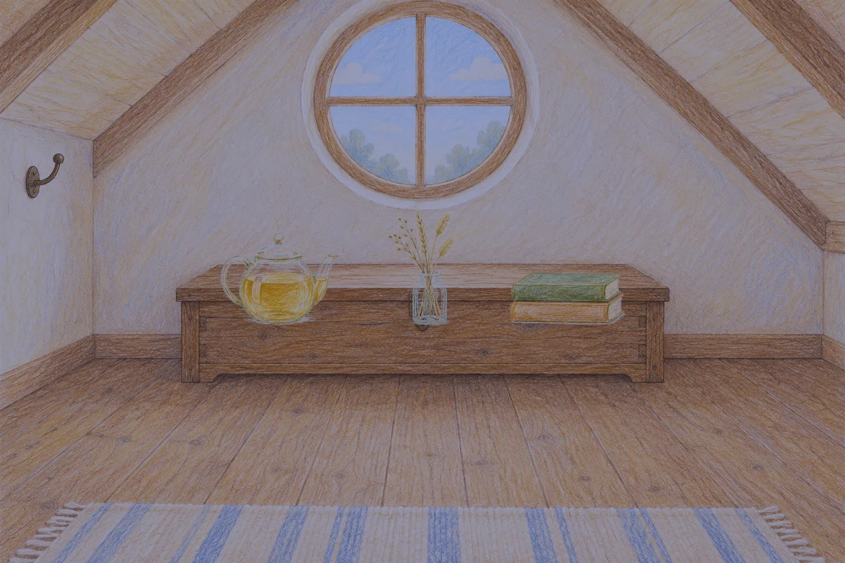 자양동 여성전용 등 마사지 안내 그림, 밤의 다락방 나무 궤짝 위에 놓인 유리 티포트, 마른 풀을 꽂은 항아리, 책 두 권
