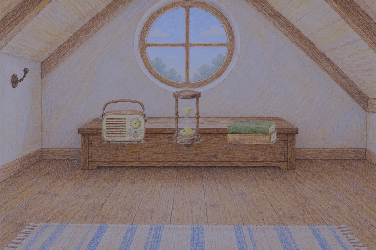 자양동 여성전용 두피 마사지 안내 그림, 밤의 다락방 나무 궤짝 위에 놓인 작은 라디오, 모래시계, 책 두 권