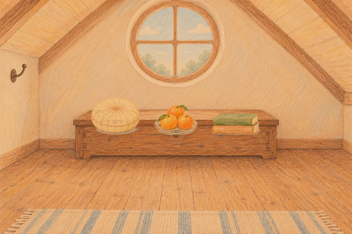 자양동 여성전용 두피 케어 안내 그림, 저녁의 다락방 나무 궤짝 위에 놓인 둥근 쿠션, 귤이 담긴 접시, 책 두 권