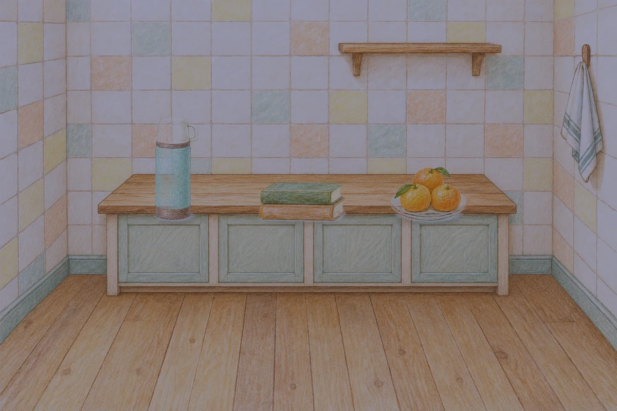 자양동 여성전용 수면 케어 안내 그림, 밤의 부엌 나무 조리대 위에 놓인 보온병, 책 두 권, 귤이 담긴 접시