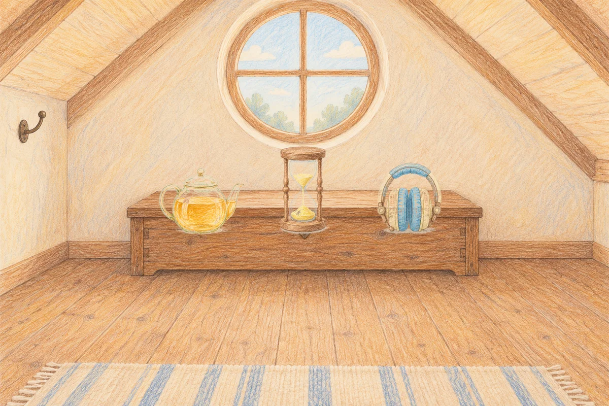 자양동 여성전용 스트레스 케어 안내 그림, 낮의 다락방 나무 궤짝 위에 놓인 유리 티포트, 모래시계, 헤드폰