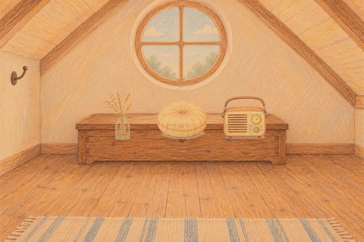 자양동 여성전용 페이셜 마사지 안내 그림, 저녁의 다락방 나무 궤짝 위에 놓인 마른 풀을 꽂은 항아리, 둥근 쿠션, 작은 라디오