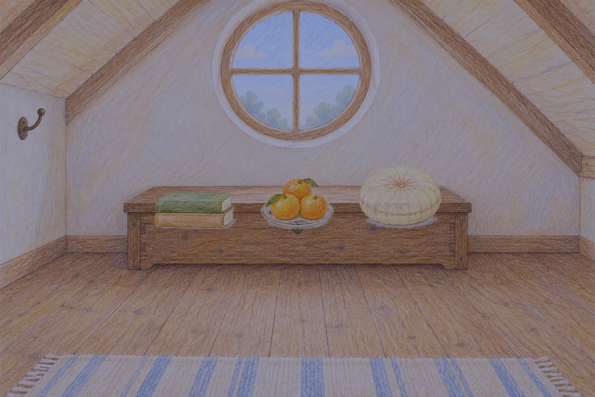 자양동 여성전용 얼굴 마사지 안내 그림, 밤의 다락방 나무 궤짝 위에 놓인 책 두 권, 귤이 담긴 접시, 둥근 쿠션