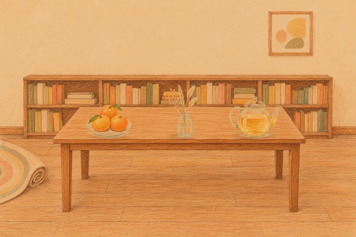 자양동 여성전용 피부 관리 안내 그림, 저녁의 서재 긴 책상 위에 놓인 귤이 담긴 접시, 마른 풀을 꽂은 항아리, 유리 티포트