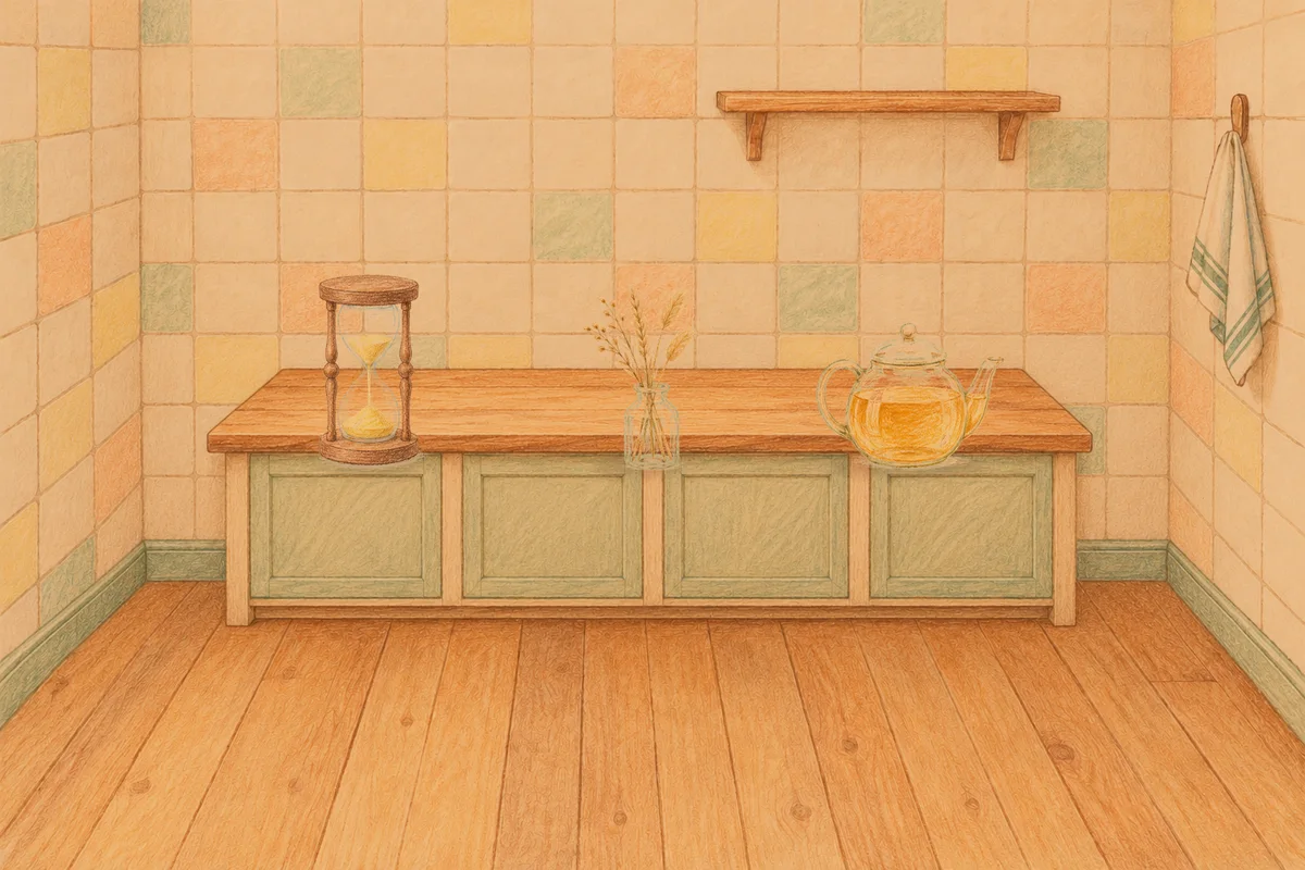 자양동 여성전용 예약 마사지 안내 그림, 저녁의 부엌 나무 조리대 위에 놓인 모래시계, 마른 풀을 꽂은 항아리, 유리 티포트