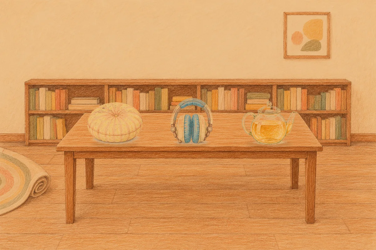 자양동 여성전용 추천 마사지 안내 그림, 저녁의 서재 긴 책상 위에 놓인 둥근 쿠션, 헤드폰, 유리 티포트