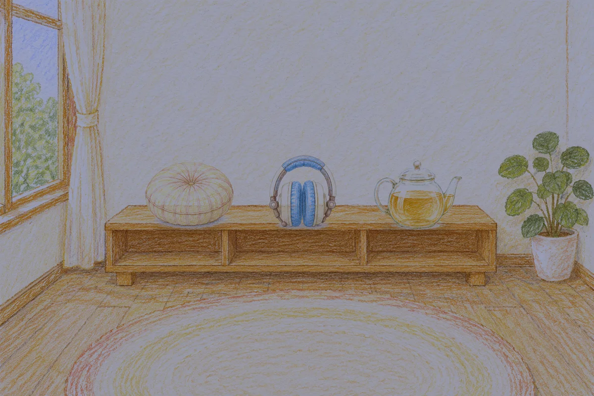 화양동 여성전용 스웨디시 마사지 안내 그림, 밤의 창가 낮은 선반 위에 놓인 둥근 쿠션, 헤드폰, 유리 티포트