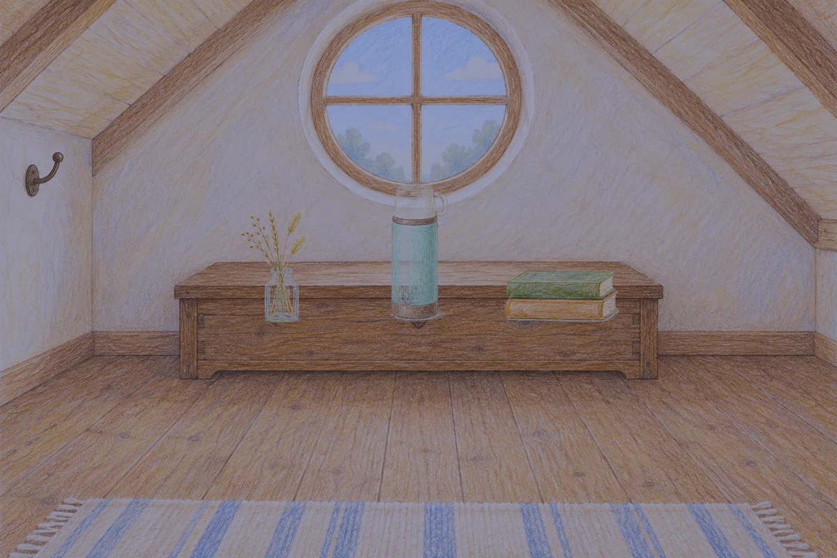 화양동 여성전용 아로마테라피 안내 그림, 밤의 다락방 나무 궤짝 위에 놓인 마른 풀을 꽂은 항아리, 보온병, 책 두 권