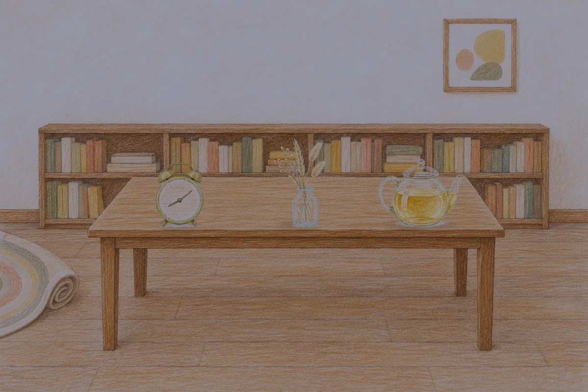 화양동 여성전용 스웨디시 후기 안내 그림, 밤의 서재 긴 책상 위에 놓인 둥근 알람시계, 마른 풀을 꽂은 항아리, 유리 티포트