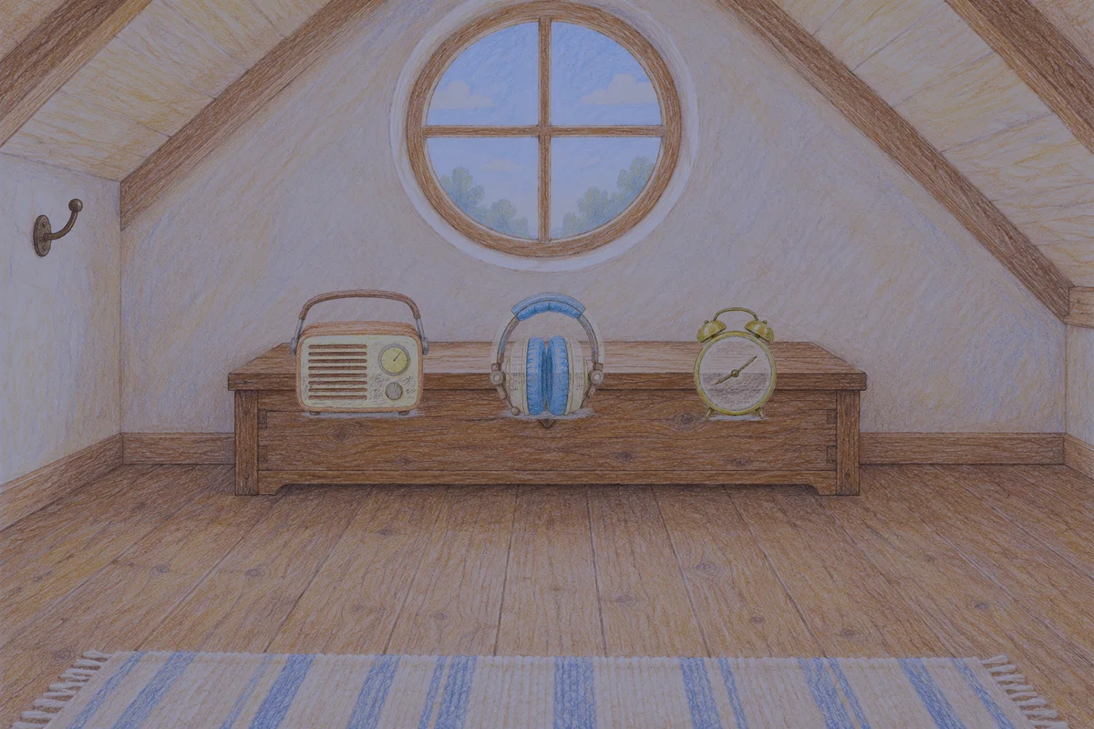 화양동 여성전용 스웨디시 가격 안내 그림, 밤의 다락방 나무 궤짝 위에 놓인 작은 라디오, 헤드폰, 둥근 알람시계