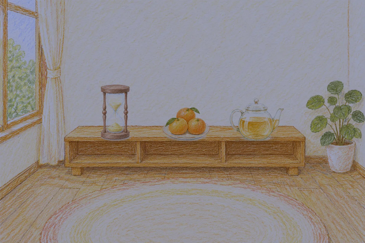 화양동 여성전용 아로마 가격 안내 그림, 밤의 창가 낮은 선반 위에 놓인 모래시계, 귤이 담긴 접시, 유리 티포트