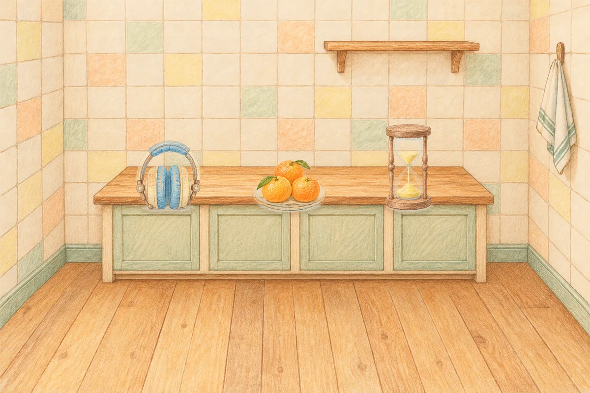 화양동 여성전용 아로마 추천 안내 그림, 낮의 부엌 나무 조리대 위에 놓인 헤드폰, 귤이 담긴 접시, 모래시계