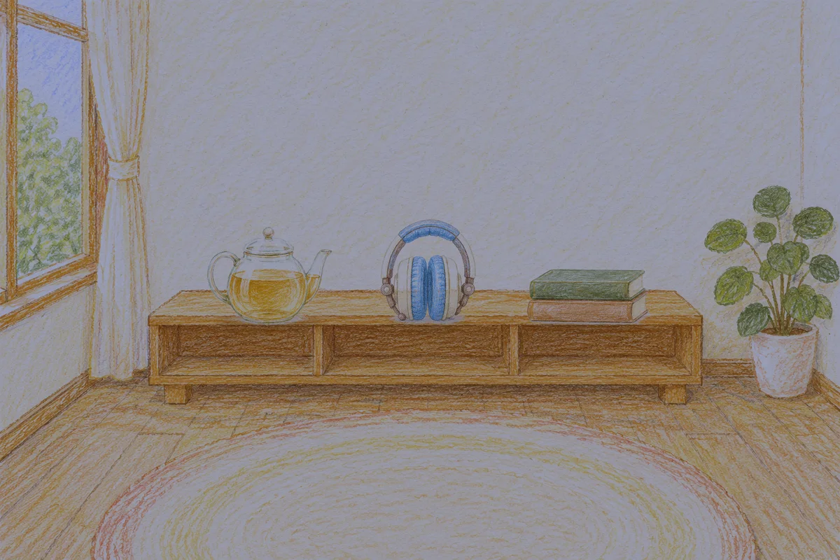 화양동 여성전용 경락 마사지 안내 그림, 밤의 창가 낮은 선반 위에 놓인 유리 티포트, 헤드폰, 책 두 권