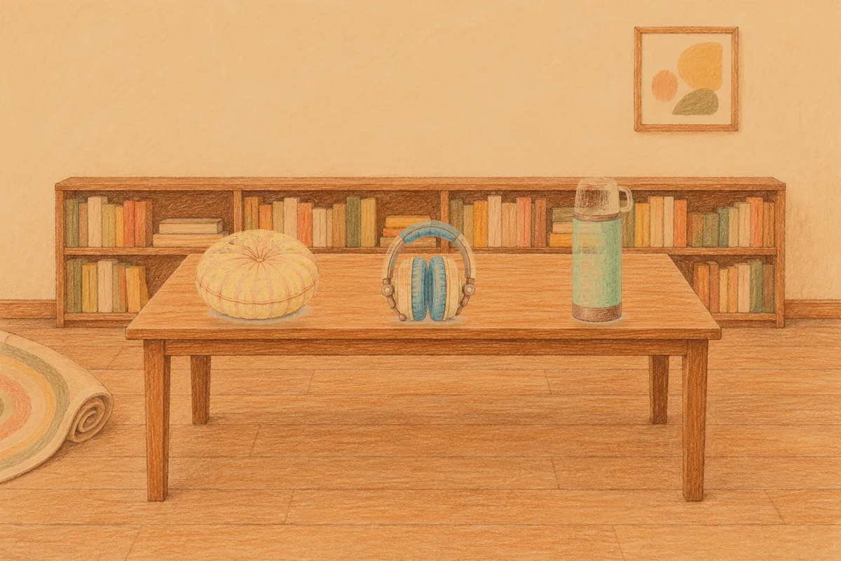 화양동 여성전용 바디 경락 안내 그림, 저녁의 서재 긴 책상 위에 놓인 둥근 쿠션, 헤드폰, 보온병