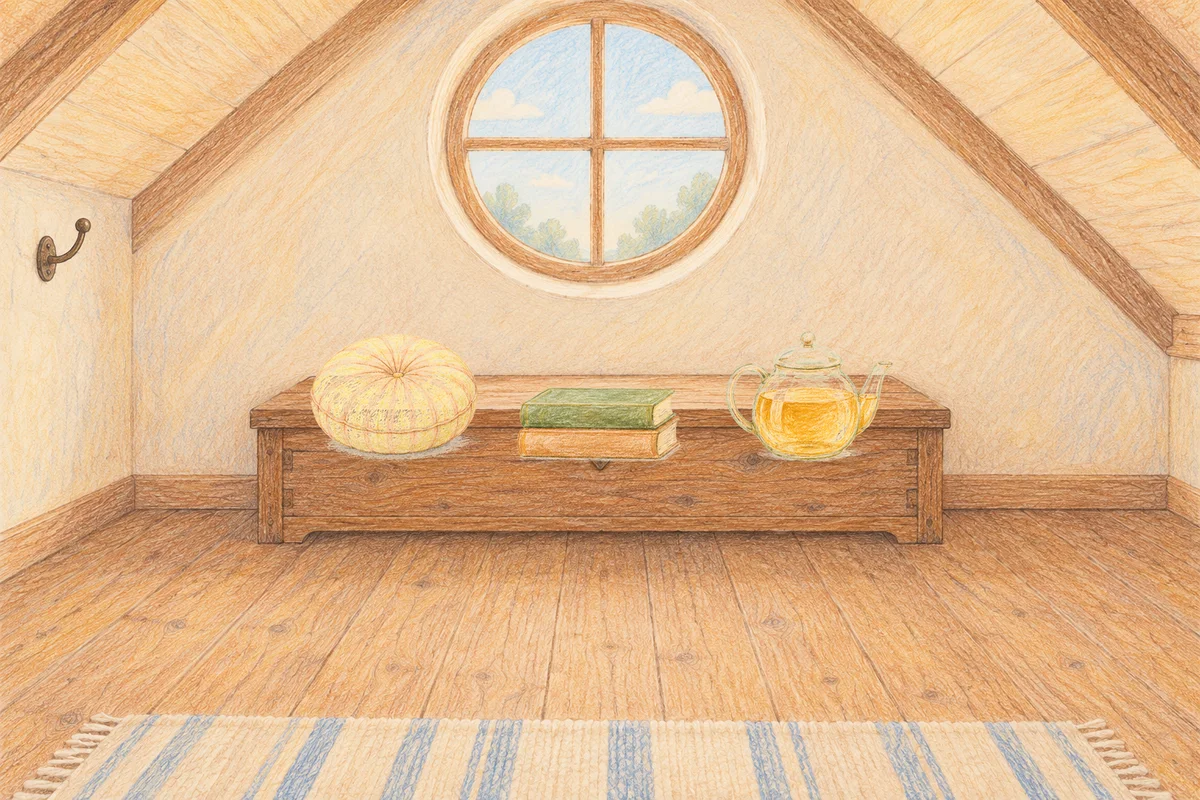 화양동 여성전용 경락마사지 후기 안내 그림, 낮의 다락방 나무 궤짝 위에 놓인 둥근 쿠션, 책 두 권, 유리 티포트