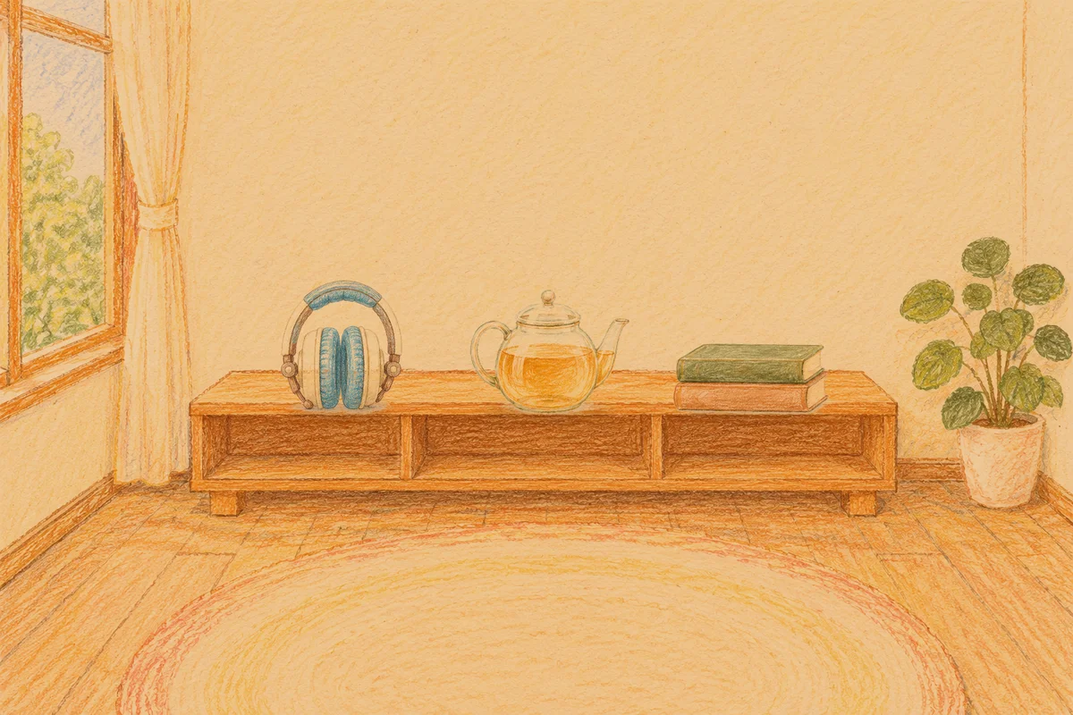 화양동 여성전용 홈케어 안내 그림, 저녁의 창가 낮은 선반 위에 놓인 헤드폰, 유리 티포트, 책 두 권
