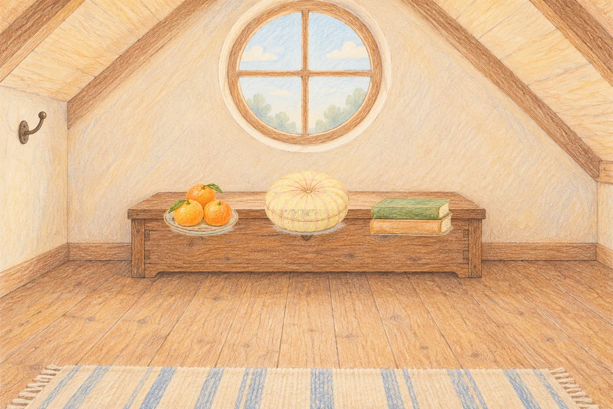 화양동 여성전용 1인샵 안내 그림, 낮의 다락방 나무 궤짝 위에 놓인 귤이 담긴 접시, 둥근 쿠션, 책 두 권