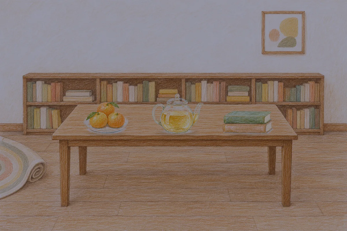 화양동 여성전용 프라이빗 케어 안내 그림, 밤의 서재 긴 책상 위에 놓인 귤이 담긴 접시, 유리 티포트, 책 두 권