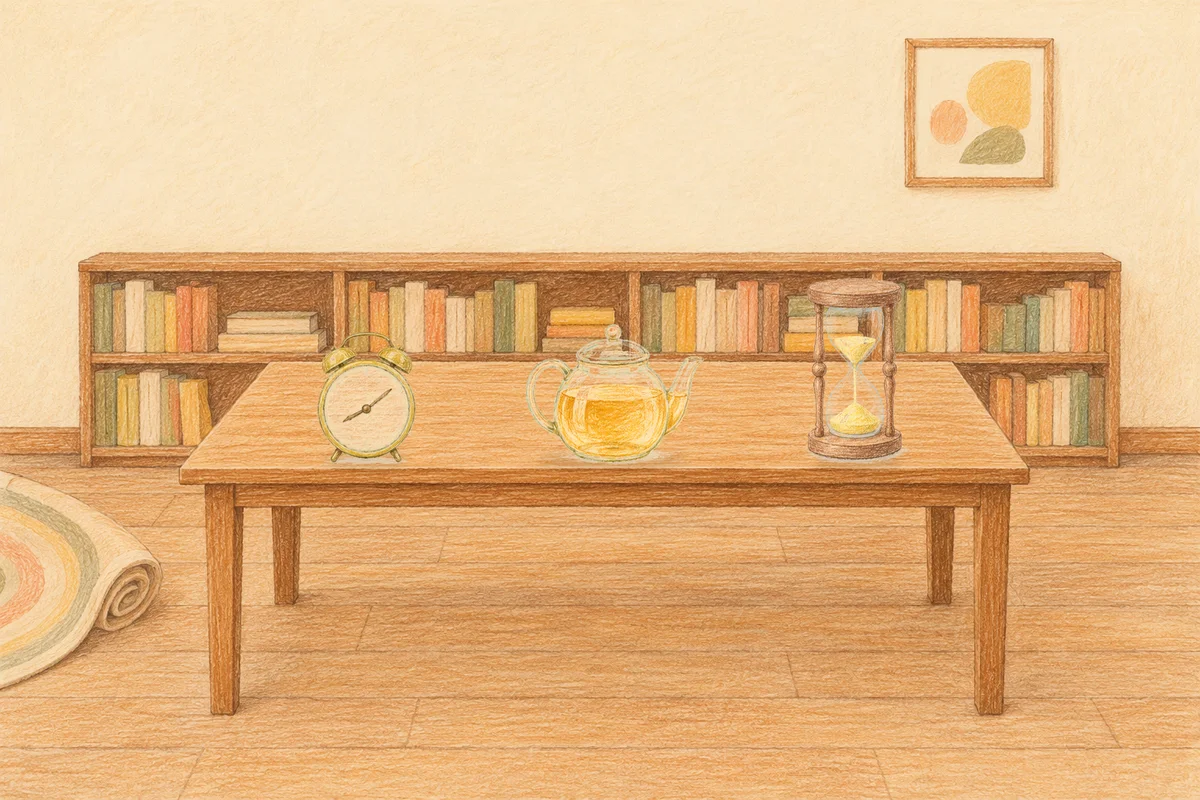 화양동 여성전용 발마사지 안내 그림, 낮의 서재 긴 책상 위에 놓인 둥근 알람시계, 유리 티포트, 모래시계
