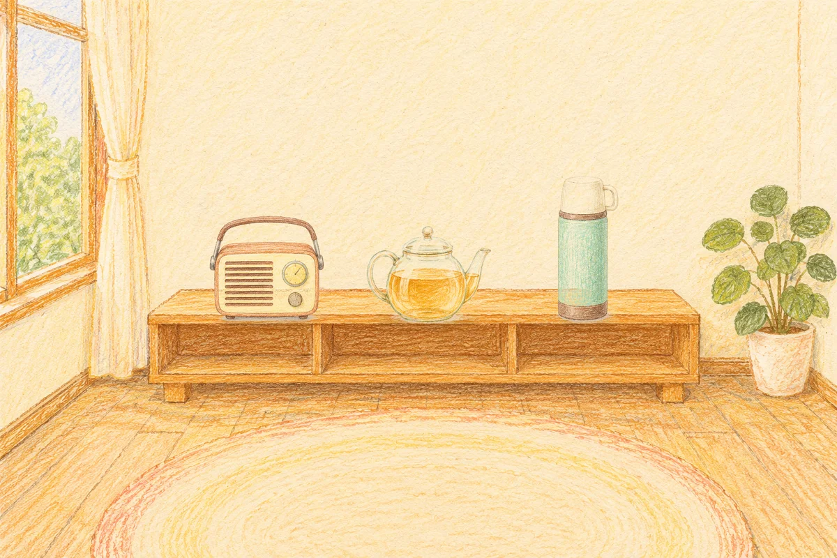 화양동 여성전용 발관리 후기 안내 그림, 낮의 창가 낮은 선반 위에 놓인 작은 라디오, 유리 티포트, 보온병