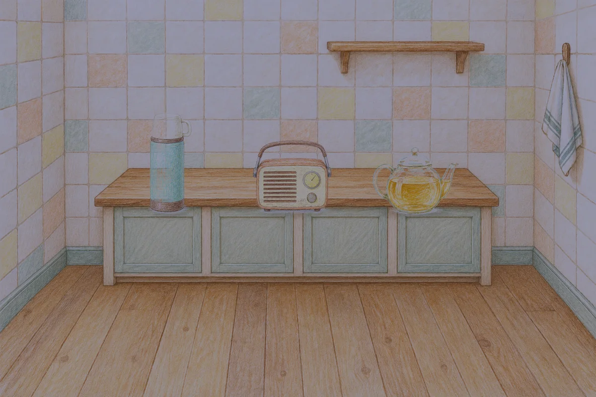 화양동 여성전용 부종 케어 안내 그림, 밤의 부엌 나무 조리대 위에 놓인 보온병, 작은 라디오, 유리 티포트