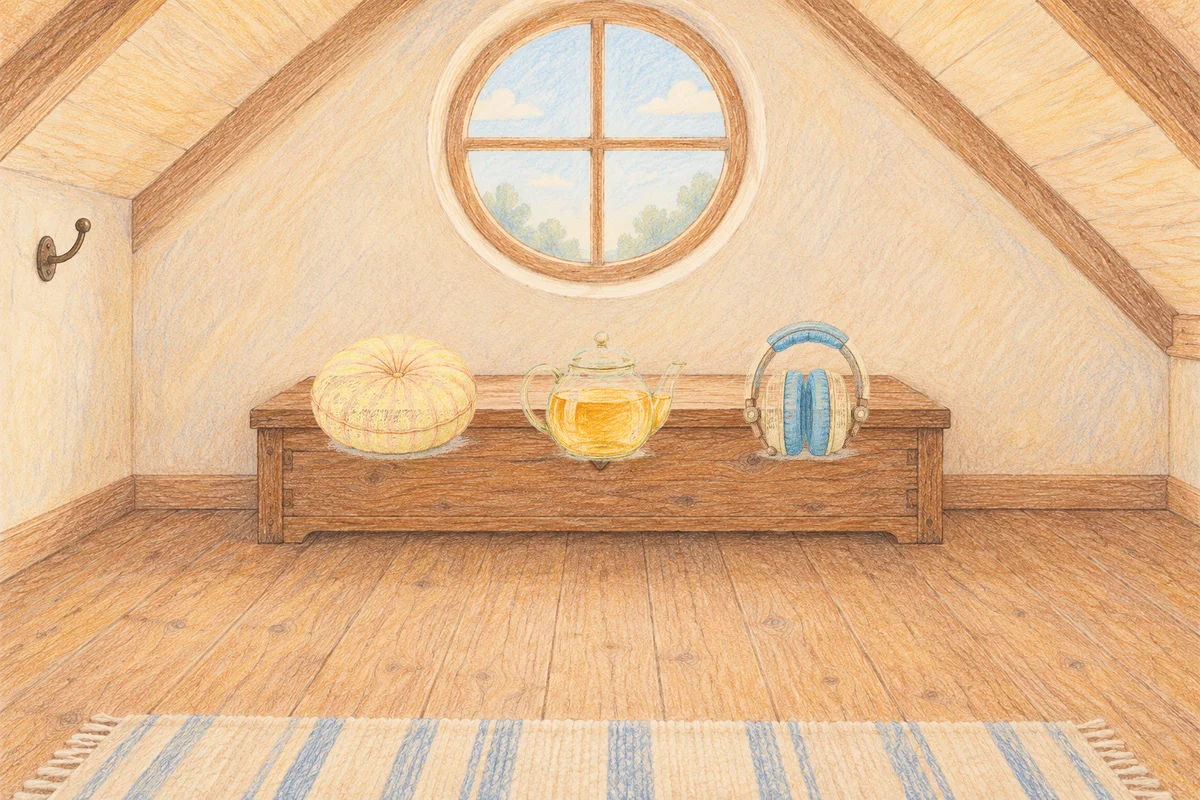 화양동 여성전용 복부 마사지 안내 그림, 낮의 다락방 나무 궤짝 위에 놓인 둥근 쿠션, 유리 티포트, 헤드폰