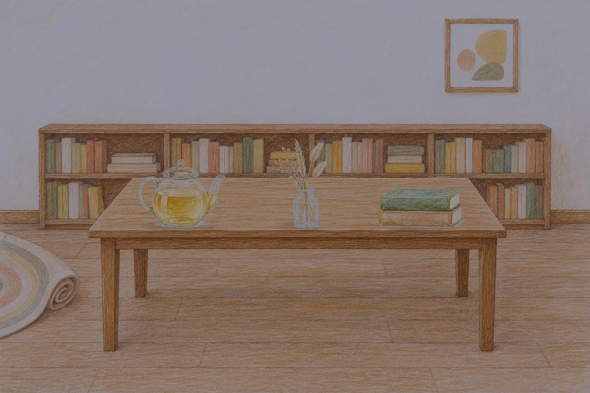 화양동 여성전용 목 어깨 케어 안내 그림, 밤의 서재 긴 책상 위에 놓인 유리 티포트, 마른 풀을 꽂은 항아리, 책 두 권