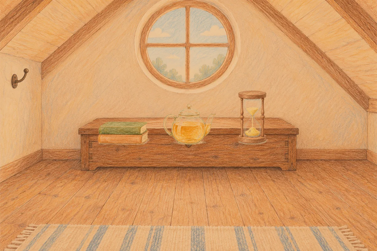 화양동 여성전용 수면 케어 안내 그림, 저녁의 다락방 나무 궤짝 위에 놓인 책 두 권, 유리 티포트, 모래시계