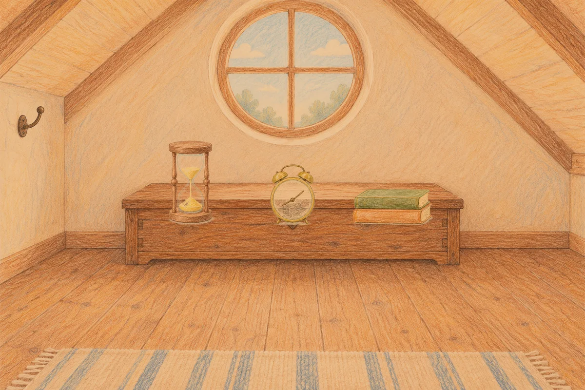 화양동 여성전용 피부 관리 안내 그림, 저녁의 다락방 나무 궤짝 위에 놓인 모래시계, 둥근 알람시계, 책 두 권
