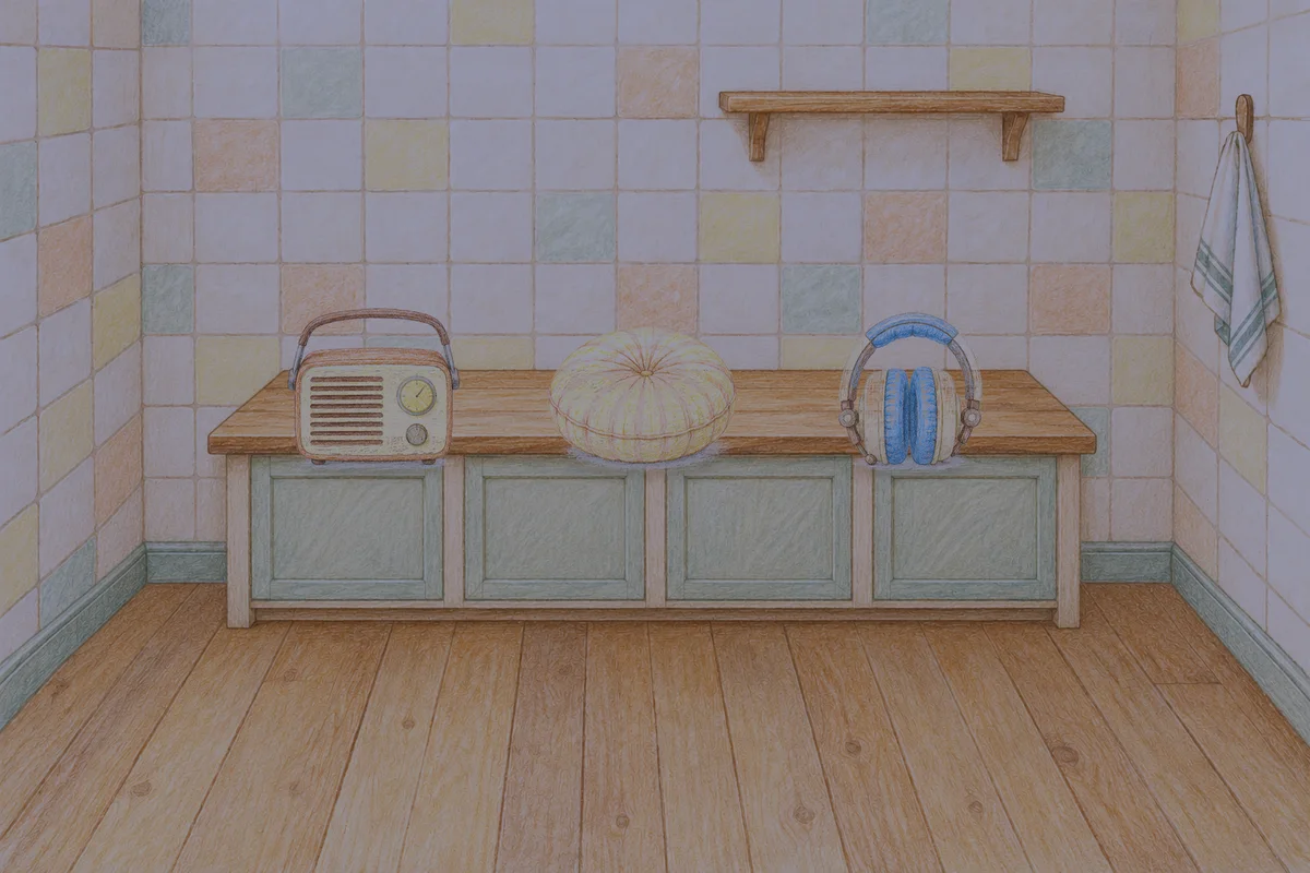 화양동 여성전용 샵 마사지 안내 그림, 밤의 부엌 나무 조리대 위에 놓인 작은 라디오, 둥근 쿠션, 헤드폰