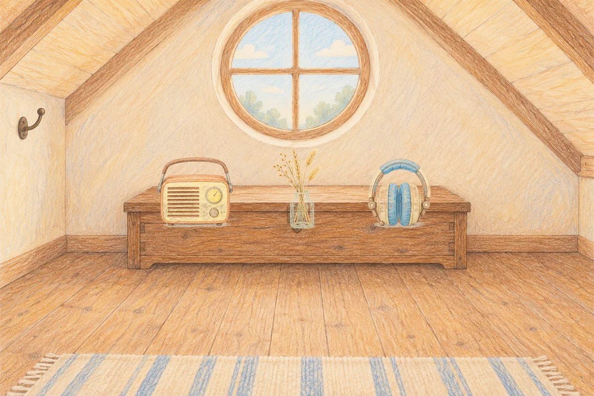 화양동 여성전용 추천 마사지 안내 그림, 낮의 다락방 나무 궤짝 위에 놓인 작은 라디오, 마른 풀을 꽂은 항아리, 헤드폰