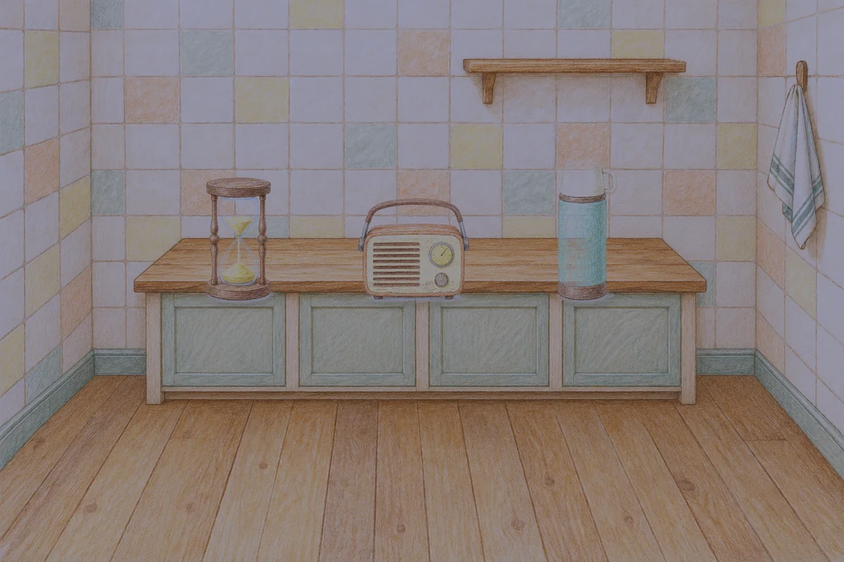 군자 여성전용 아로마 마사지 안내 그림, 밤의 부엌 나무 조리대 위에 놓인 모래시계, 작은 라디오, 보온병