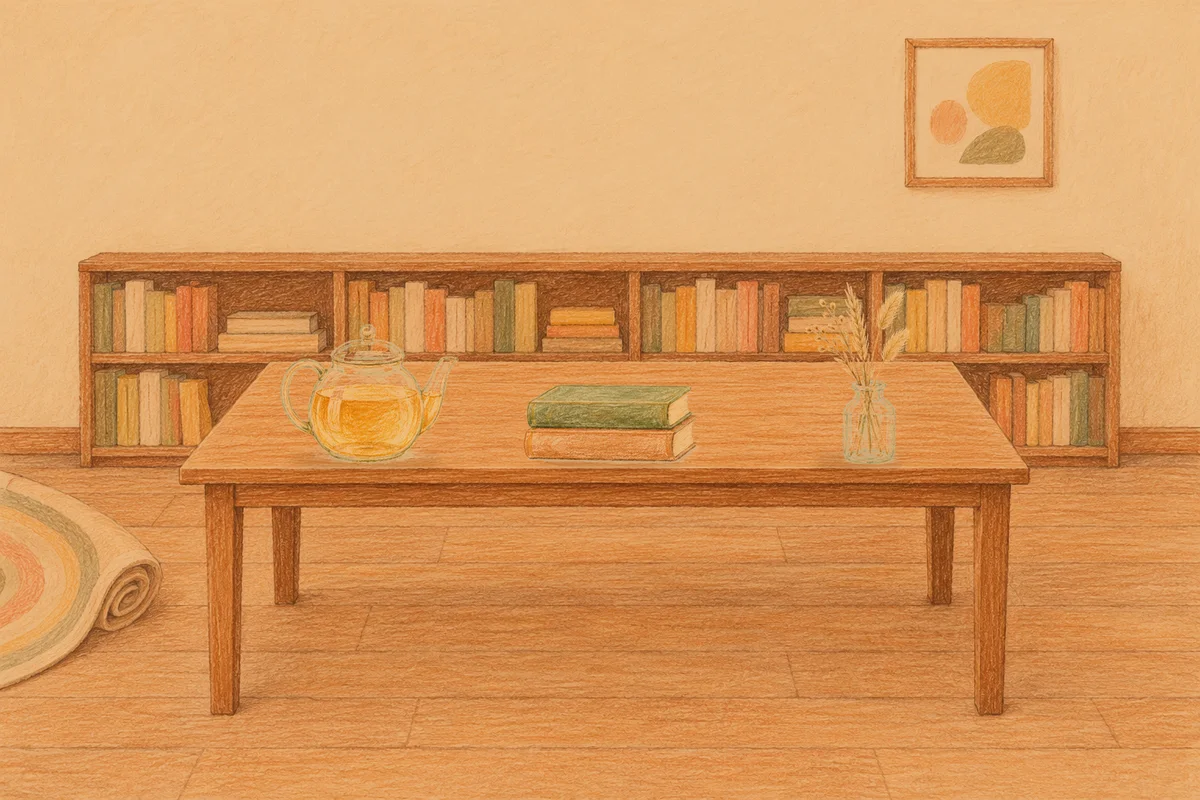 군자 여성전용 아로마테라피 안내 그림, 저녁의 서재 긴 책상 위에 놓인 유리 티포트, 책 두 권, 마른 풀을 꽂은 항아리