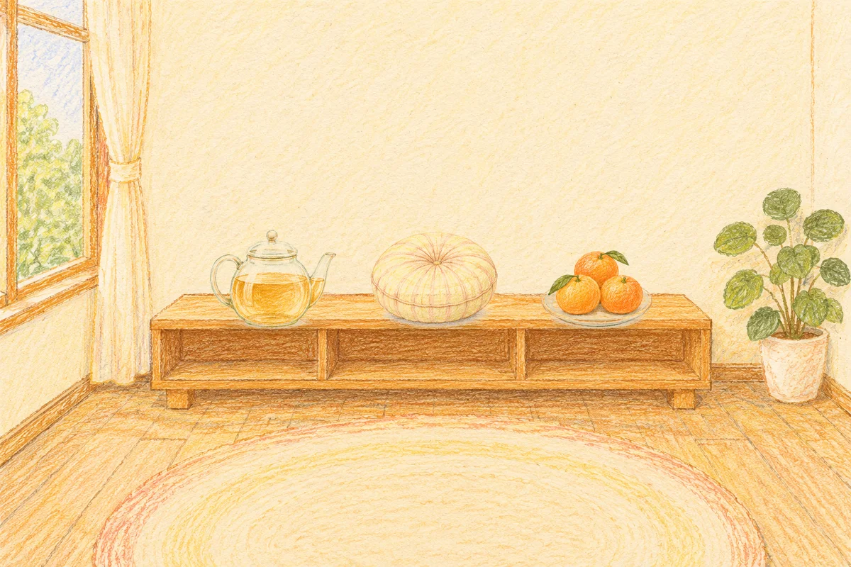 군자 여성전용 스웨디시 홈케어 안내 그림, 낮의 창가 낮은 선반 위에 놓인 유리 티포트, 둥근 쿠션, 귤이 담긴 접시