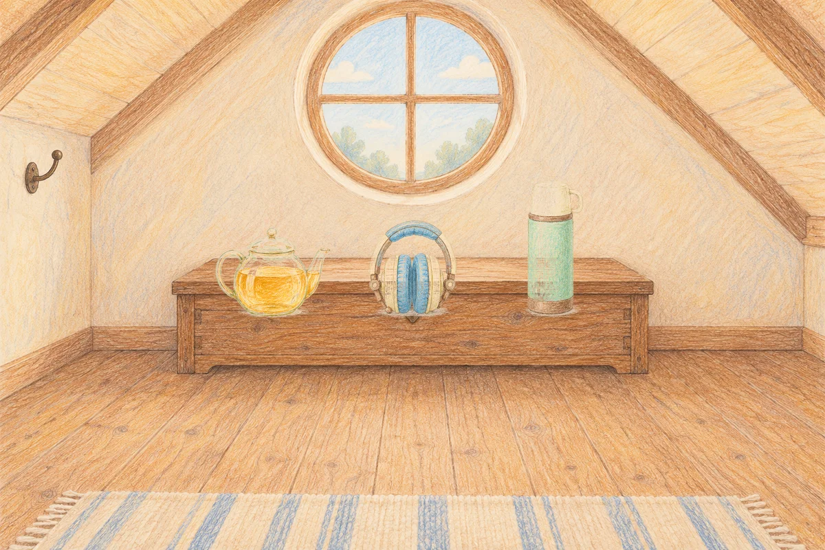 군자 여성전용 아로마 마사지 후기 안내 그림, 낮의 다락방 나무 궤짝 위에 놓인 유리 티포트, 헤드폰, 보온병