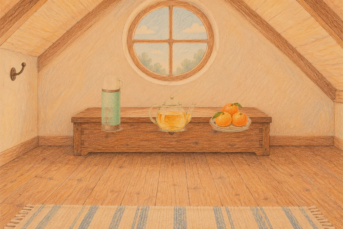 군자 여성전용 경락 마사지 안내 그림, 저녁의 다락방 나무 궤짝 위에 놓인 보온병, 유리 티포트, 귤이 담긴 접시