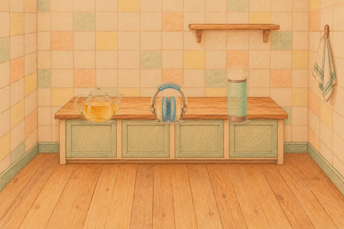 군자 여성전용 바디 경락 안내 그림, 저녁의 부엌 나무 조리대 위에 놓인 유리 티포트, 헤드폰, 보온병