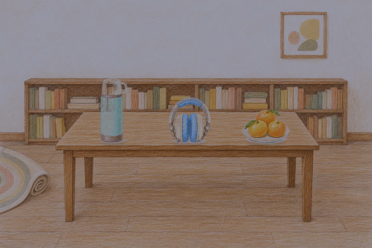 군자 여성전용 경락 가격 안내 그림, 밤의 서재 긴 책상 위에 놓인 보온병, 헤드폰, 귤이 담긴 접시