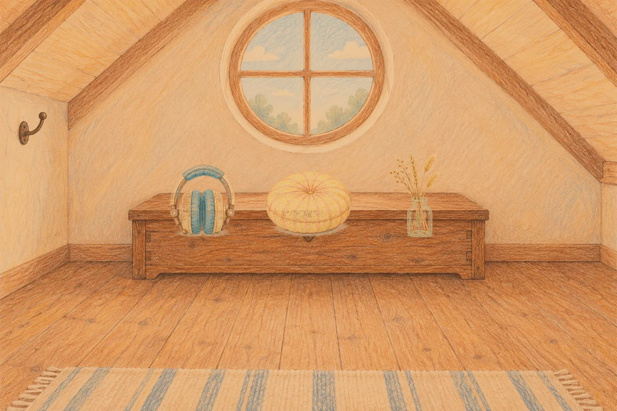 군자 여성전용 홈케어 안내 그림, 저녁의 다락방 나무 궤짝 위에 놓인 헤드폰, 둥근 쿠션, 마른 풀을 꽂은 항아리