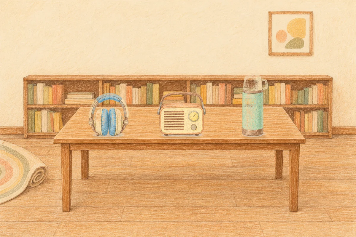 군자 여성전용 방문 마사지 안내 그림, 낮의 서재 긴 책상 위에 놓인 헤드폰, 작은 라디오, 보온병
