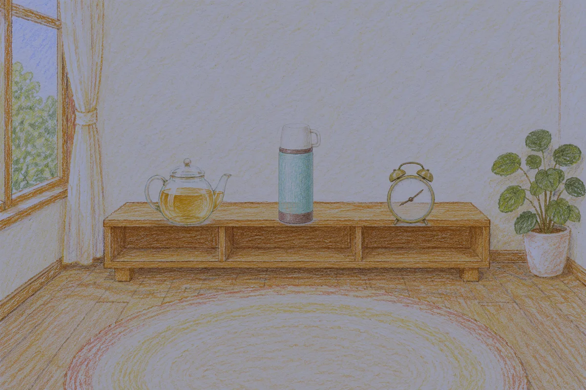 군자 여성전용 발관리 안내 그림, 밤의 창가 낮은 선반 위에 놓인 유리 티포트, 보온병, 둥근 알람시계