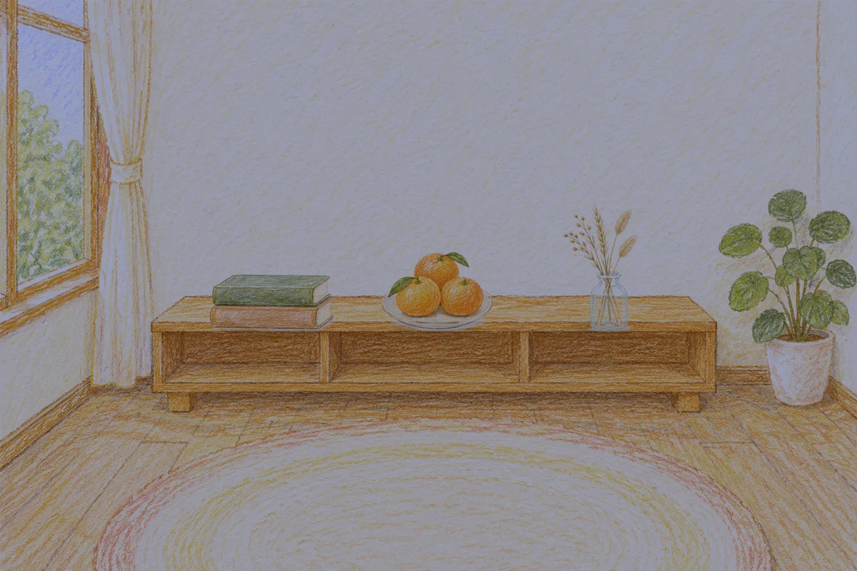 군자 여성전용 발 케어 안내 그림, 밤의 창가 낮은 선반 위에 놓인 책 두 권, 귤이 담긴 접시, 마른 풀을 꽂은 항아리