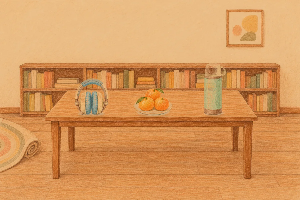 군자 여성전용 림프 마사지 안내 그림, 저녁의 서재 긴 책상 위에 놓인 헤드폰, 귤이 담긴 접시, 보온병