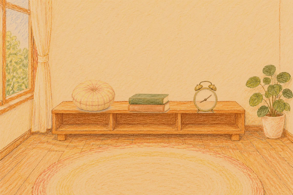 군자 여성전용 바디 케어 안내 그림, 저녁의 창가 낮은 선반 위에 놓인 둥근 쿠션, 책 두 권, 둥근 알람시계