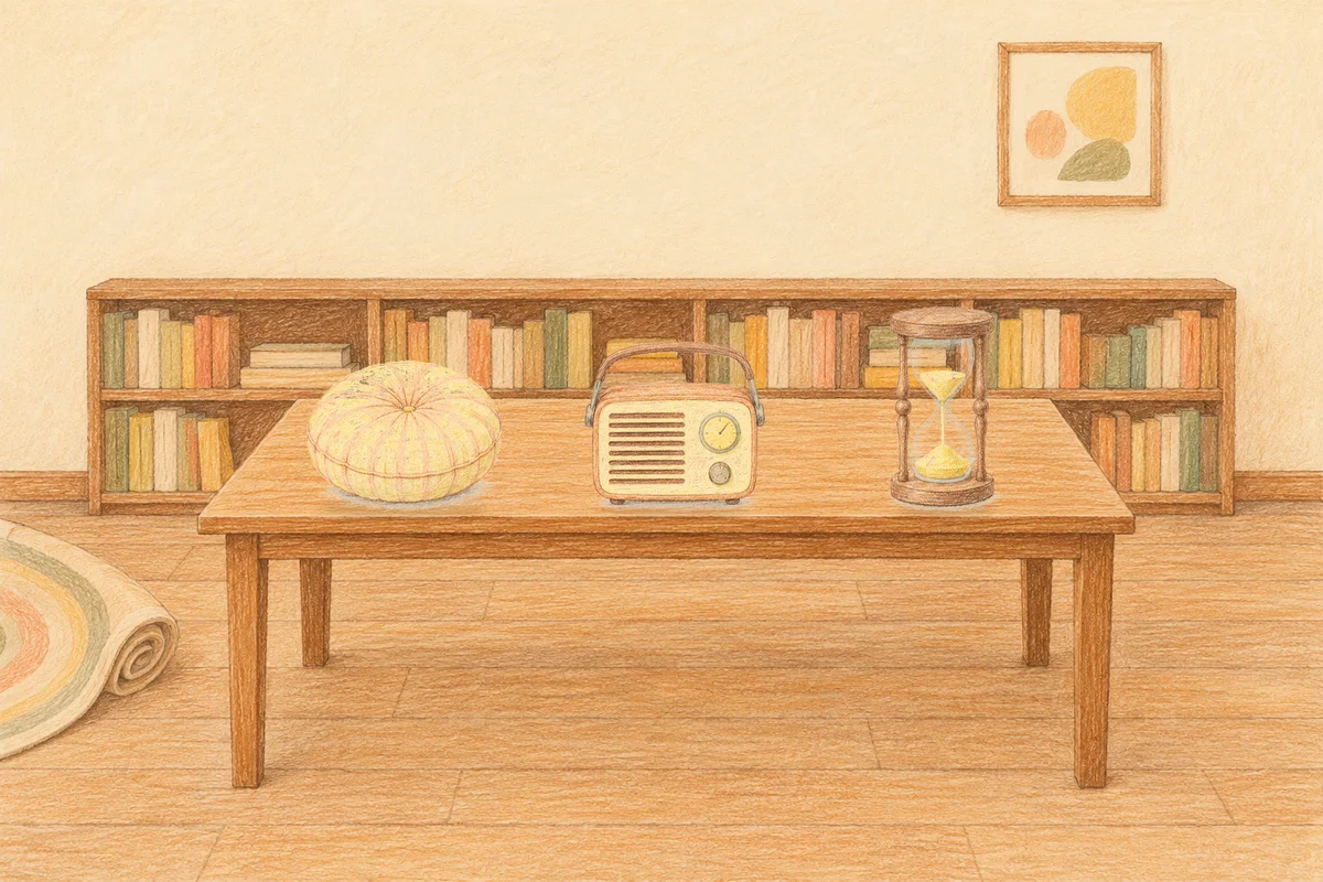 군자 여성전용 두피 케어 안내 그림, 낮의 서재 긴 책상 위에 놓인 둥근 쿠션, 작은 라디오, 모래시계