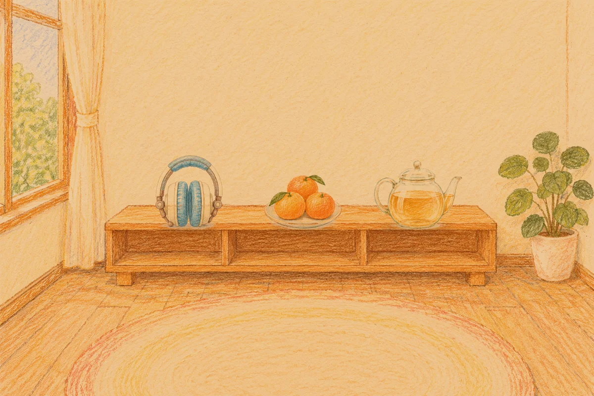군자 여성전용 목 어깨 케어 안내 그림, 저녁의 창가 낮은 선반 위에 놓인 헤드폰, 귤이 담긴 접시, 유리 티포트
