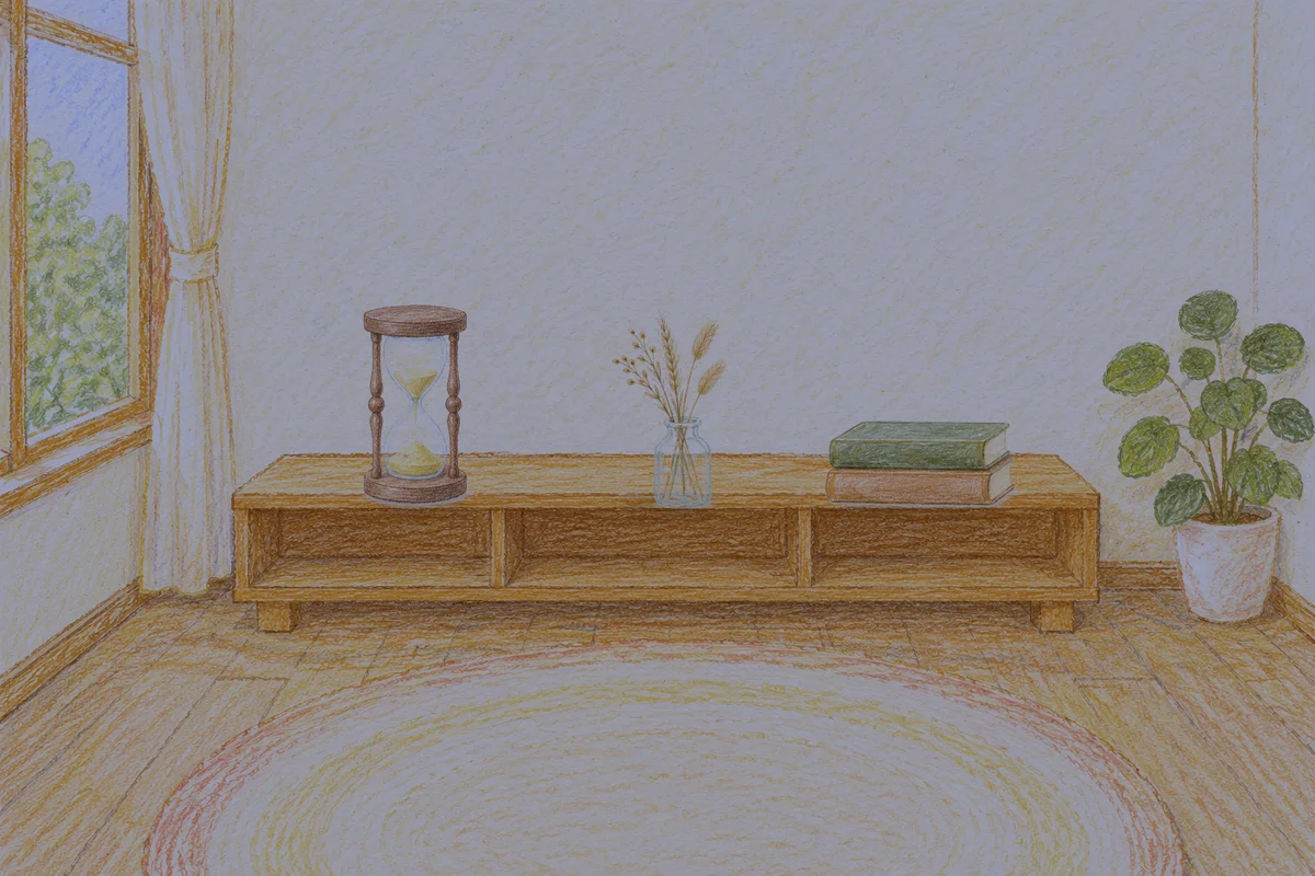 군자 여성전용 두통 완화 마사지 안내 그림, 밤의 창가 낮은 선반 위에 놓인 모래시계, 마른 풀을 꽂은 항아리, 책 두 권