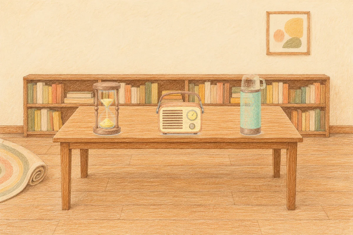 군자 여성전용 수면 케어 안내 그림, 낮의 서재 긴 책상 위에 놓인 모래시계, 작은 라디오, 보온병